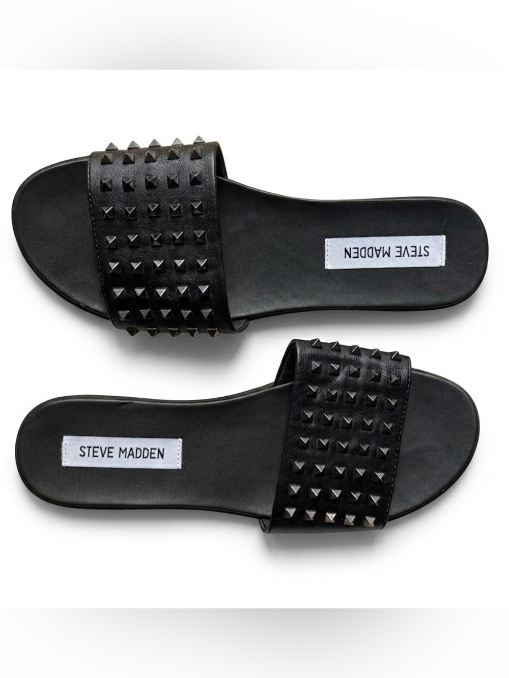 Steve Madden | Black Faux Leather Pyramid-Stud Embellished Slide Sandals